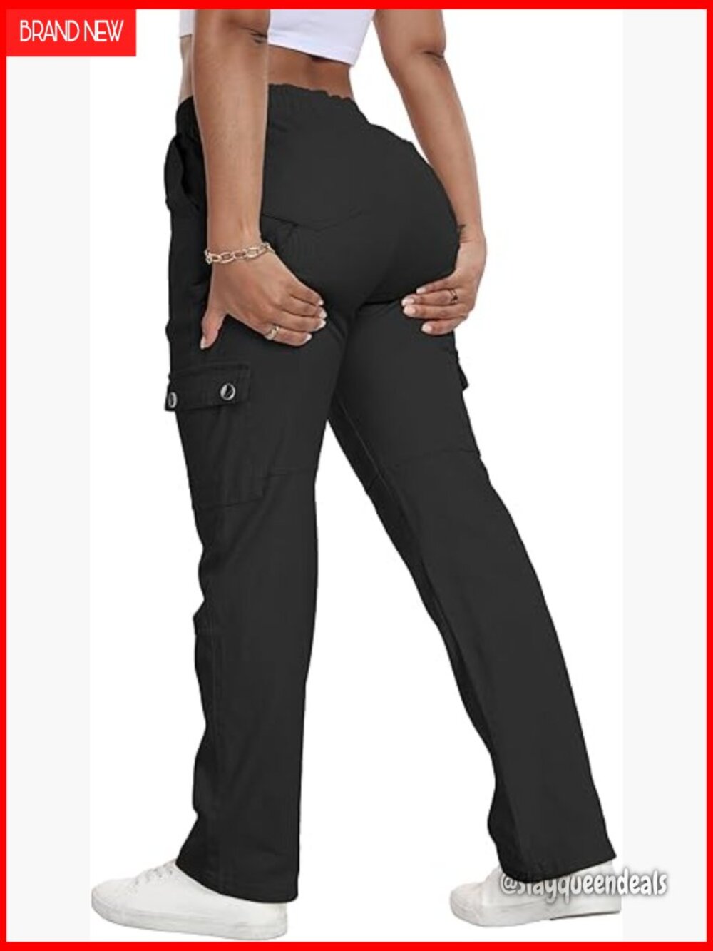 High Waisted Straight Leg Cargo Pants with Pockets, Cotton Spandex Blend